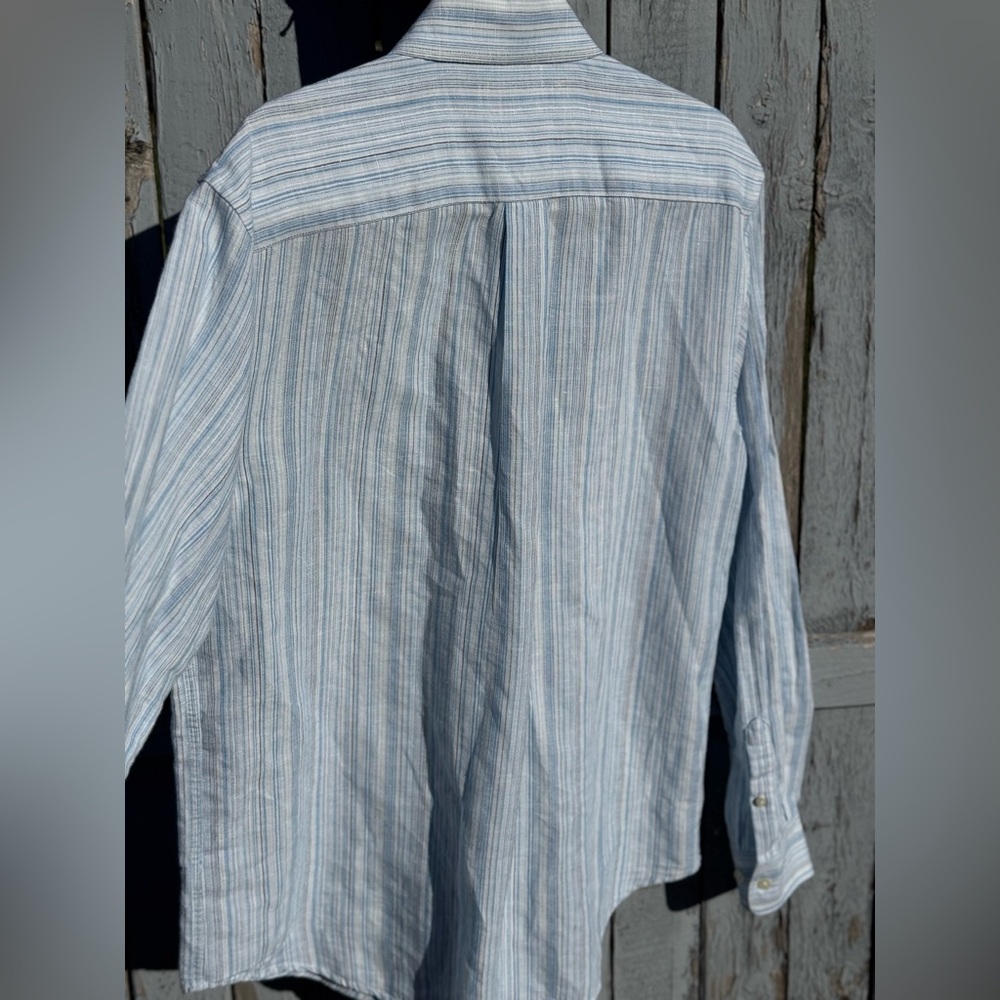 Vintage Old Navy Linen Shirt Men's Medium Button Down Light Blue Striped 2006 - Picture 5 of 8